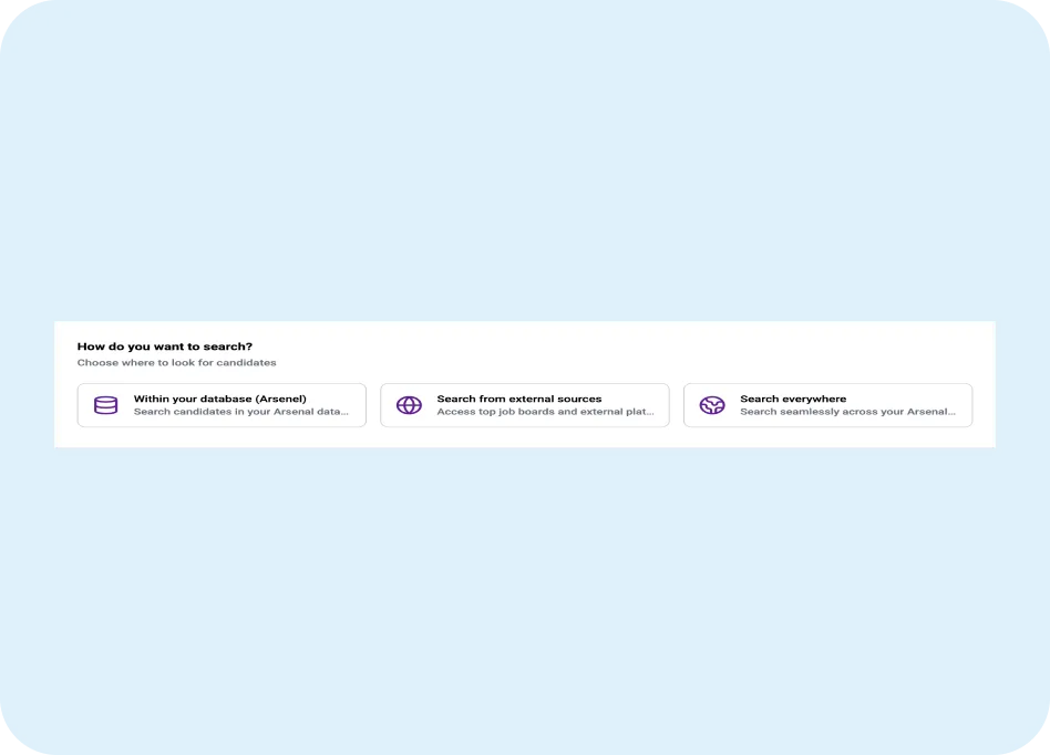 Search options interface for ORO AI Recruiter Hub, featuring buttons for "Within your database (Arsenal)", "Search from external sources", and "Search everywhere", set against a blue background